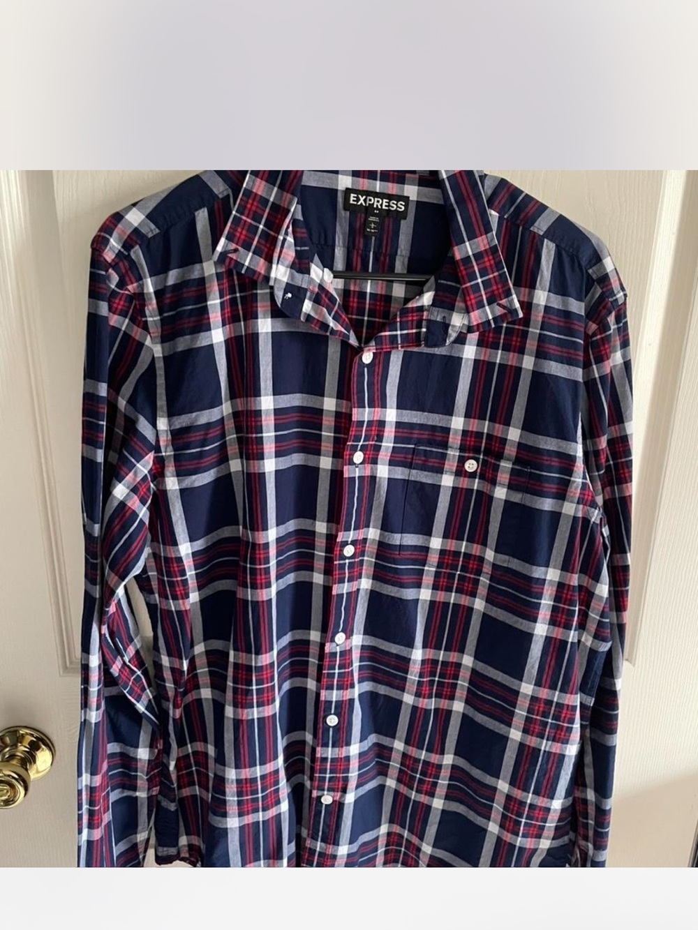 Express Men's Navy, Red & White Plaid Button-Down Shirt